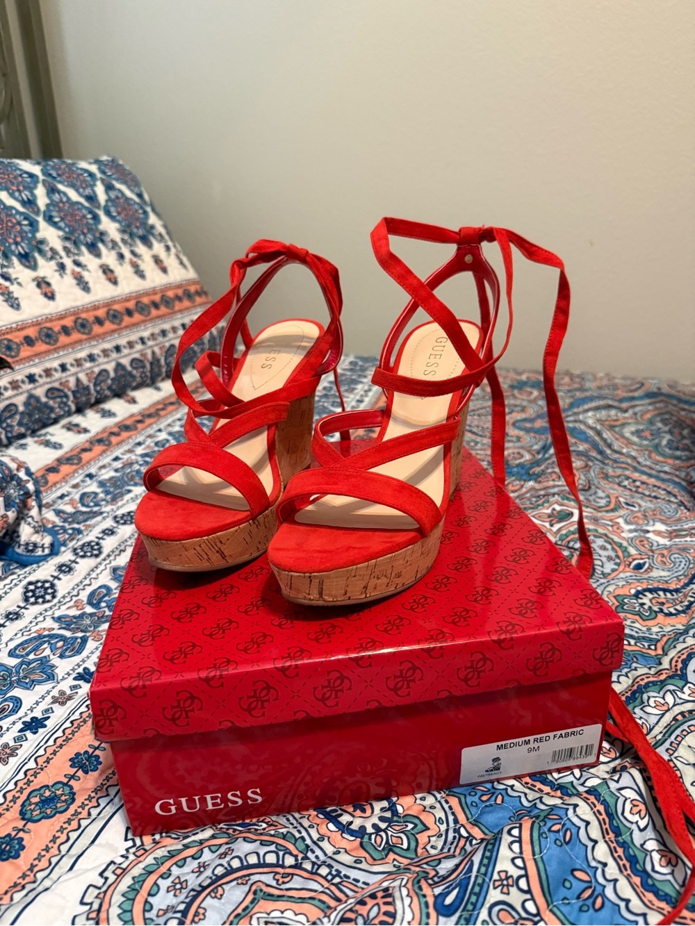 Guess Red Suede Cork Platform Wrap Wedge Sandals